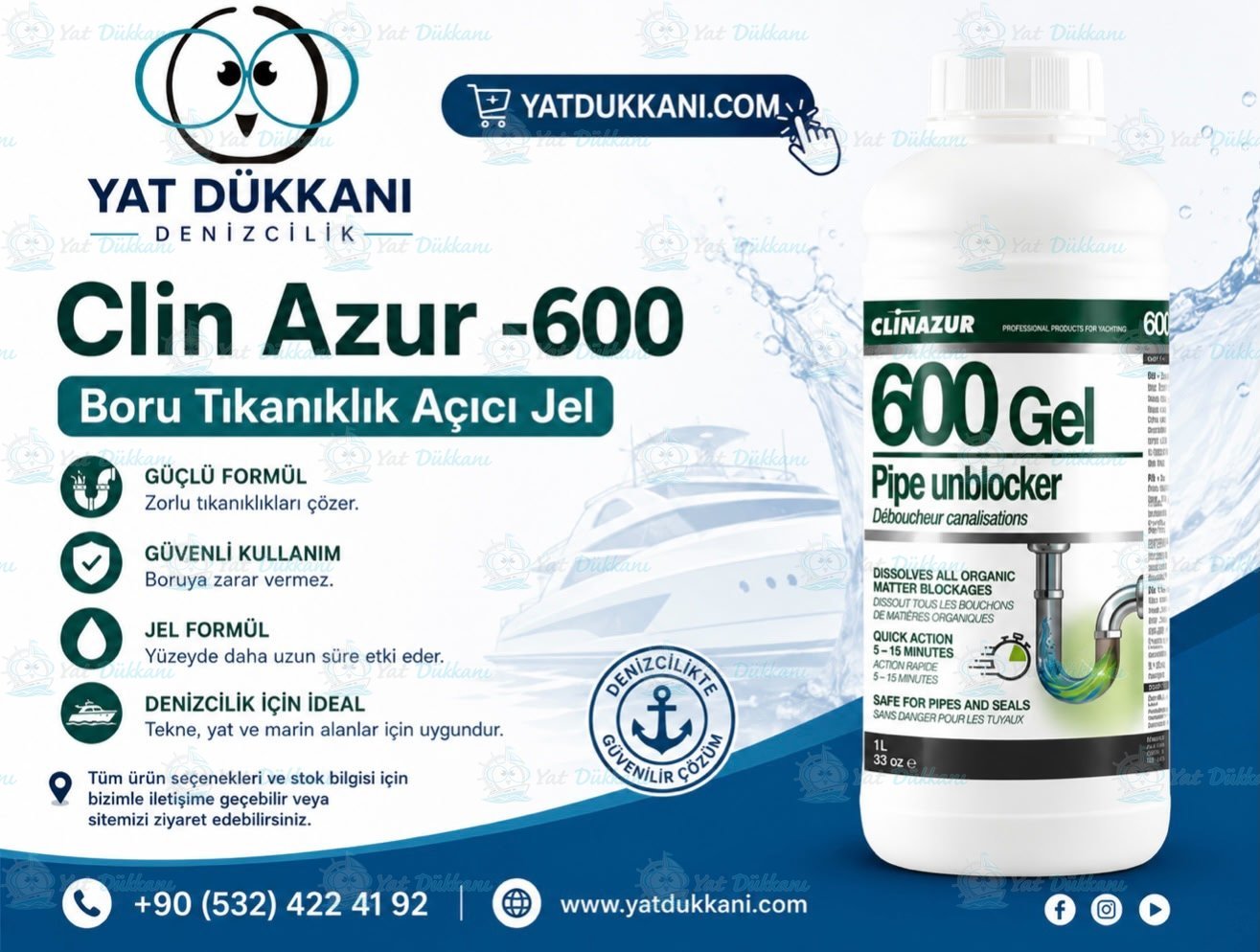 Clin Azur -600- Boru Tıkanıklık Açıcı Jel - 1 lt