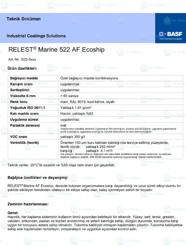 Basf Relest Marine 522 AF Ecoship / 20LT(38kğ)-Siyah